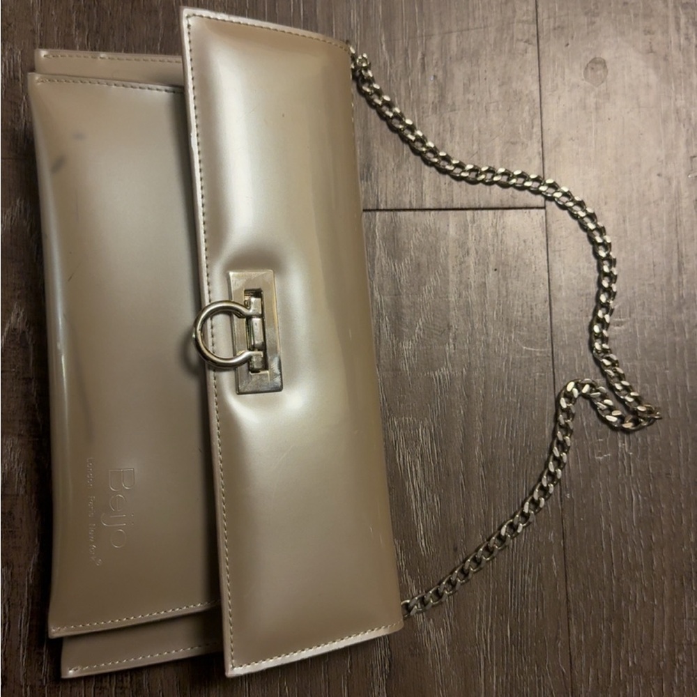 Beijo Metallic Beige Clutch with Chain Strap